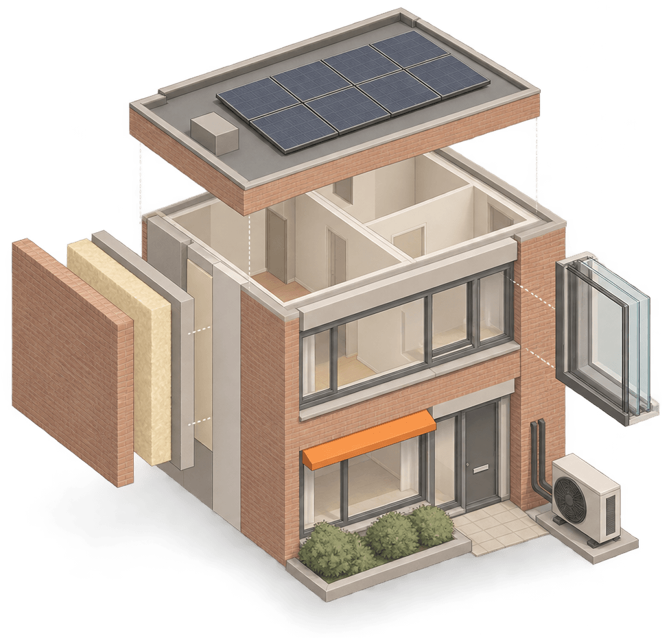 Illustratie van een woning die in lagen uit elkaar is getrokken: dak met zonnepanelen, isolatie in de gevel, een nieuw kozijn en een warmtepomp