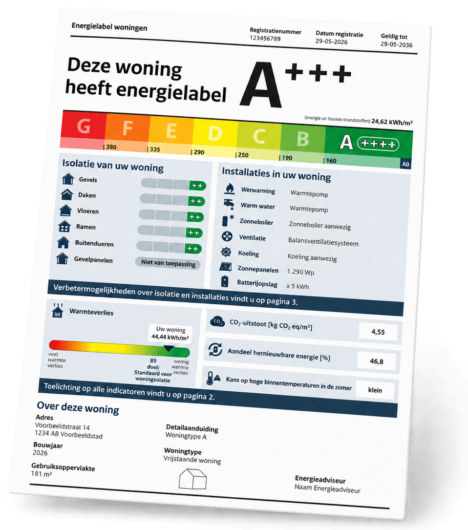 Voorbeeld van een energielabel voor een woning met labelklasse A+++, met de scores voor isolatie, installaties en warmteverlies