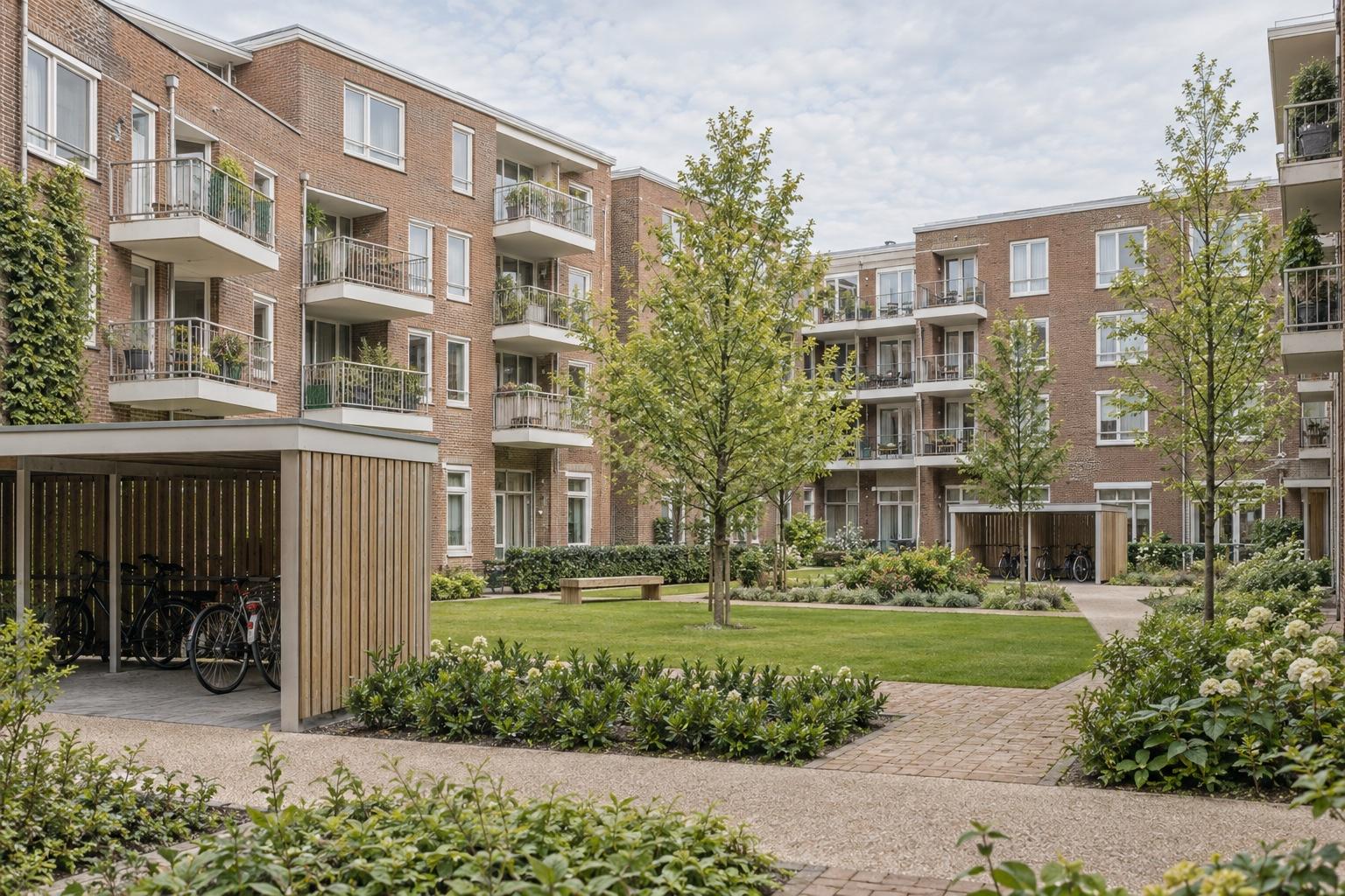 Appartementencomplex in baksteen met balkons rond een groene binnentuin