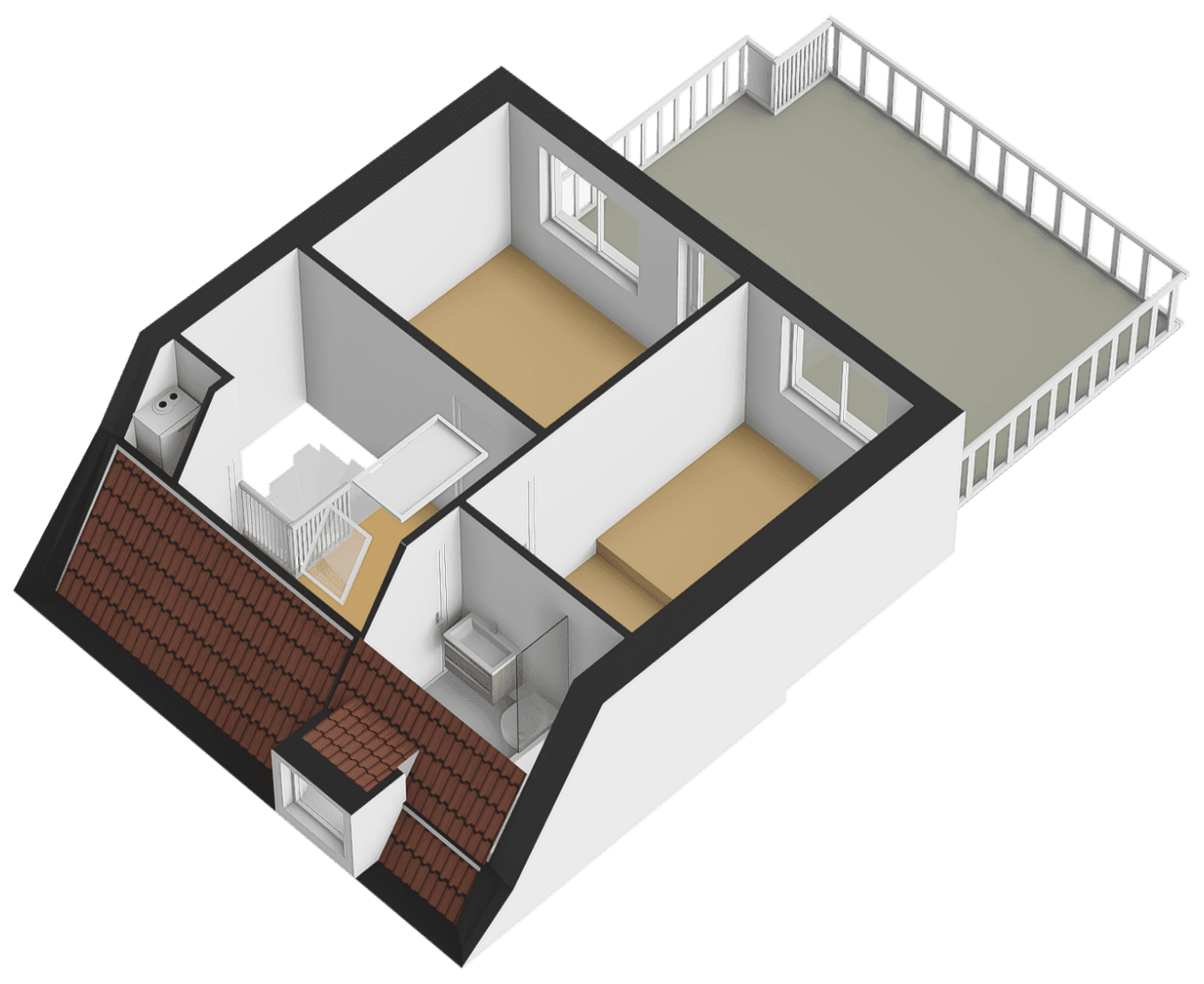 3D-plattegrond van een verdieping met twee slaapkamers, badkamer, overloop en dakterras