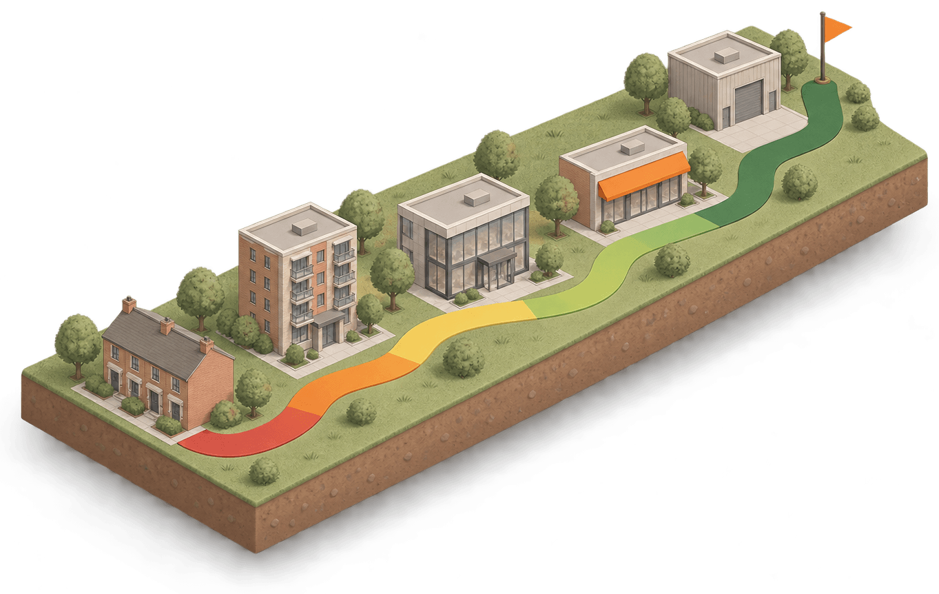 Illustratie van een route in de energielabelkleuren van rood naar groen langs verschillende gebouwen, met een vlag aan het eind