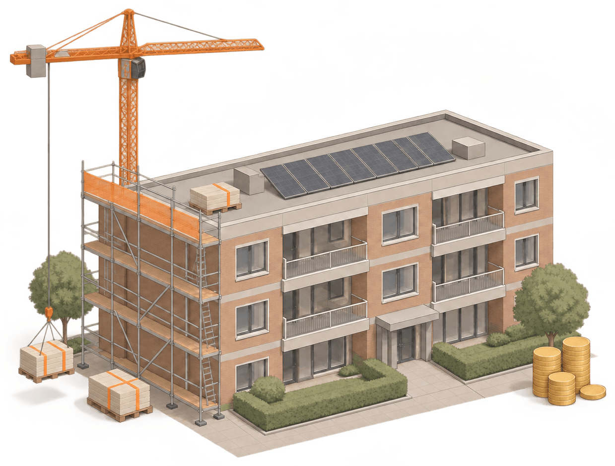 Illustratie van een appartementencomplex in renovatie, met steigers, een bouwkraan die isolatiemateriaal naast de steiger laat zakken, zonnepanelen en een stapel munten voor subsidie