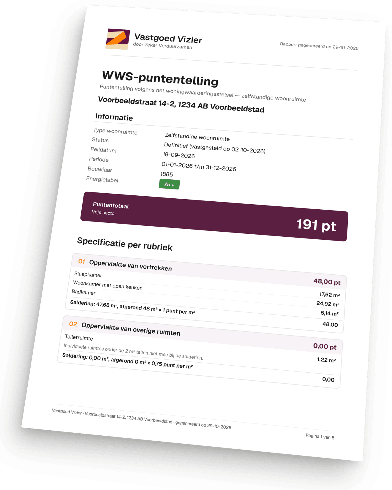 Voorbeeld van een WWS-puntentelling uit Vastgoed Vizier: woninggegevens, het puntentotaal en de specificatie per rubriek